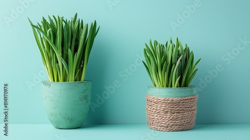  Two green plants atop a blue table  beside a planter overflowing with grass