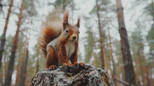  A red squirrel atop a tree stump, surrounded by forest backdrop and tall trees