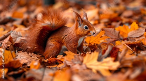  A red squirrel atop a mound of brown and orange leaves