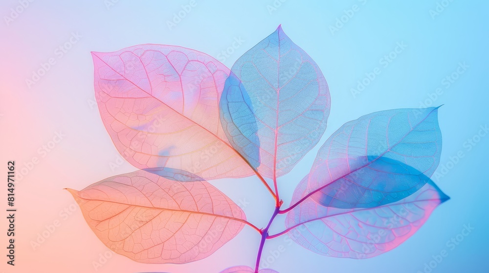  A tight shot of a pink-blue leaf against a backdrop of blue-pink, softly blurred behind