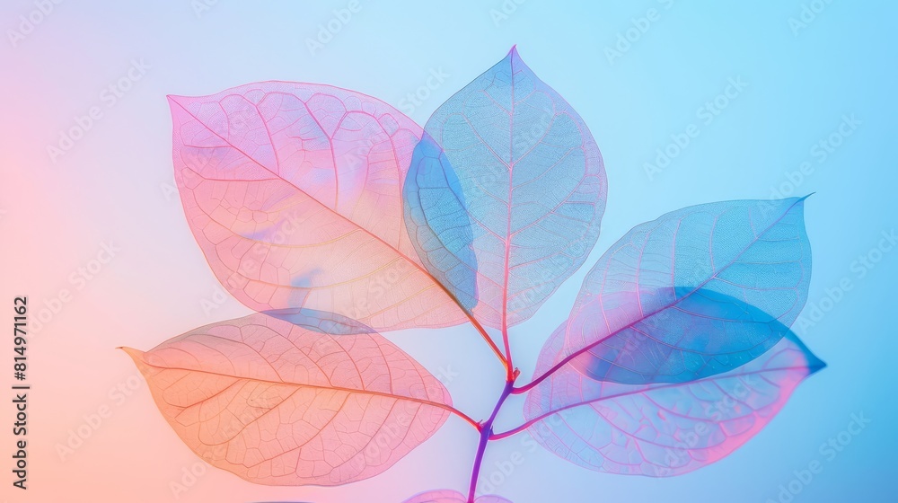 A tight shot of a pink-blue leaf against a backdrop of blue-pink, softly blurred behind A tight shot of a pink-blue leaf against a backdrop of blue-pink, softly blurred behind