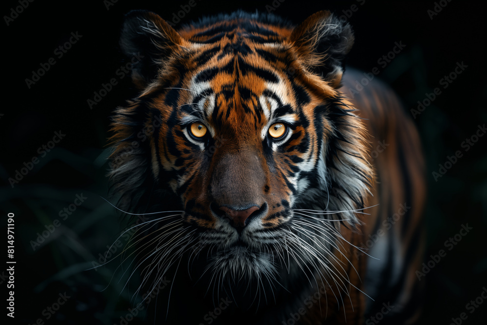 Fototapeta premium Wallpaper of a tiger looking into the frame with dark background