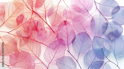  A collection of purple and pink leaves against a pristine white backdrop  a solitary red stem anchors the scene in the center