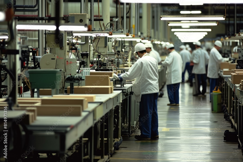 Employees in lab coats operate machinery on an electronics assembly line in a factory setting Employees in lab coats operate machinery on an electronics assembly line in a factory setting