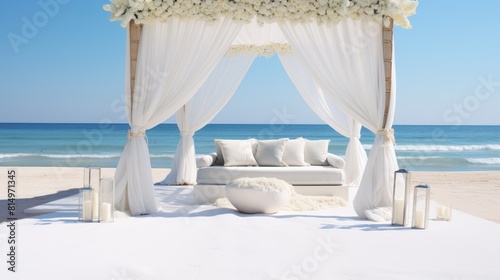 Elegant white wedding design on the coast of tranquility idyllic setting