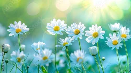  A field filled with white daisies Sun illuminates leaves and flowers  highlighting them in the foreground