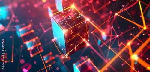Abstract digital technology background with glowing holographic maze and cubes on dark blue background, futuristic design concept for banner or presentation of computer science, data transfer