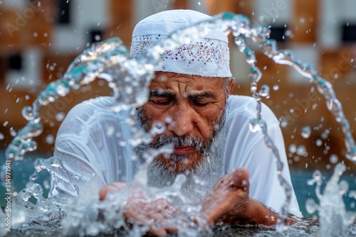 moslem man take ablution known as wudu as one of rituals photo