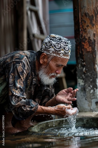 A moslem man take ablution known as wudu as one of rituals