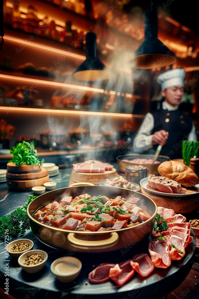 Selection of meat-focused dishes is artfully displayed on sizable table with the blurred figure of chef in the background, adding epitomizing culinary craft.