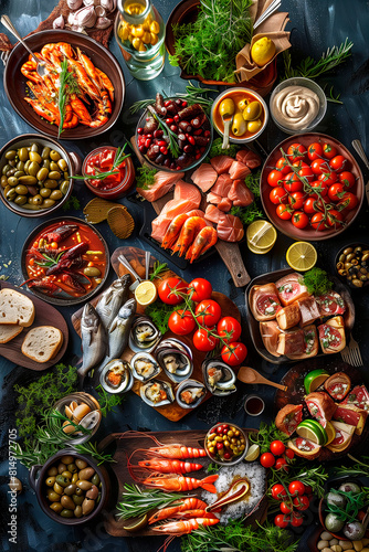 Dishes are arranged on large table  offering mix of colors and textures. Green salads  roasted meats  and sides potatoes and vegetables.