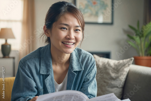 Beautiful Asian woman sits on a sofa in living room and reading a document or letter with good news. She is smiling and she is happy. Good news, approval of a bank loan, promotion at work
