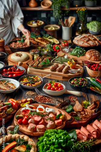 Spread of meat dishes intermingled with fresh colorful vegetables adorns large table while chef's blurred silhouette in backdrop infuses the scene with sense of culinary artistry.