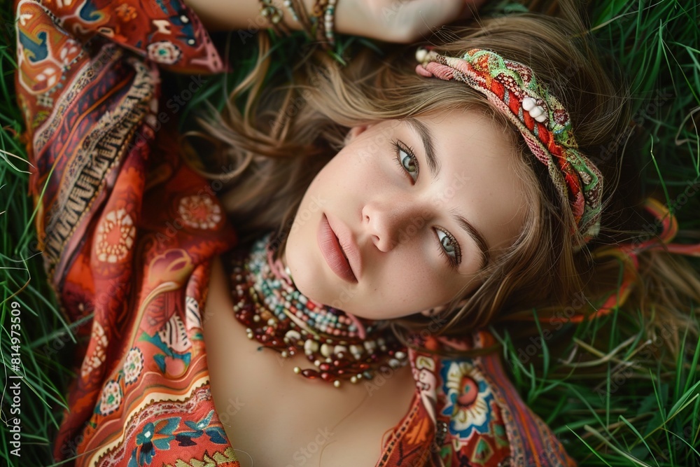 Beautiful hippie girl lying in a grass