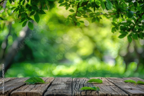 Table And Background. Wooden Table with Forest Green Blurred Nature Garden Background