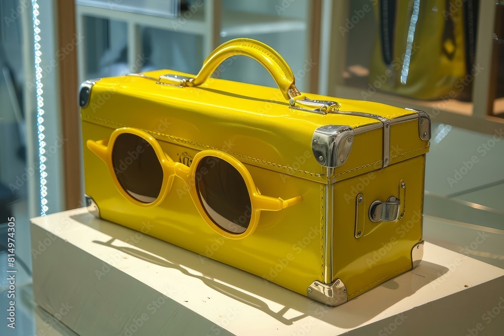 Chic yellow handbag paired with stylish oversized sunglasses in a boutique display Chic yellow handbag paired with stylish oversized sunglasses in a boutique display