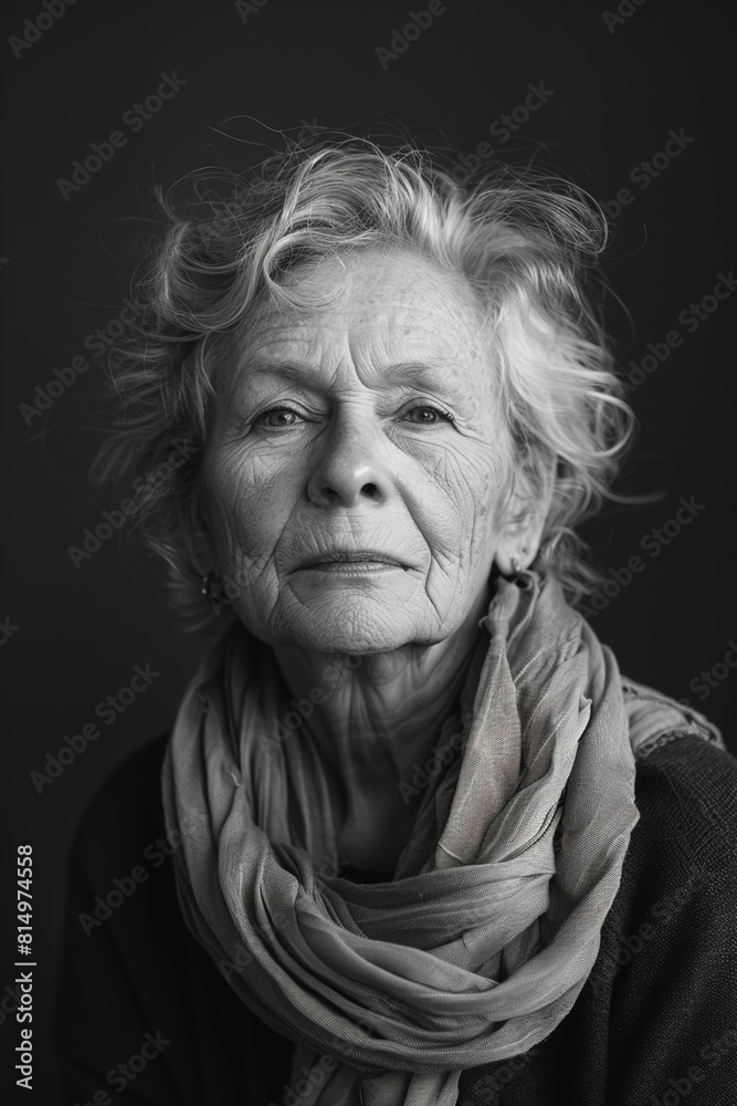 Black-and-white portrait of a calm senior woman looking Black-and-white portrait of a calm senior woman looking