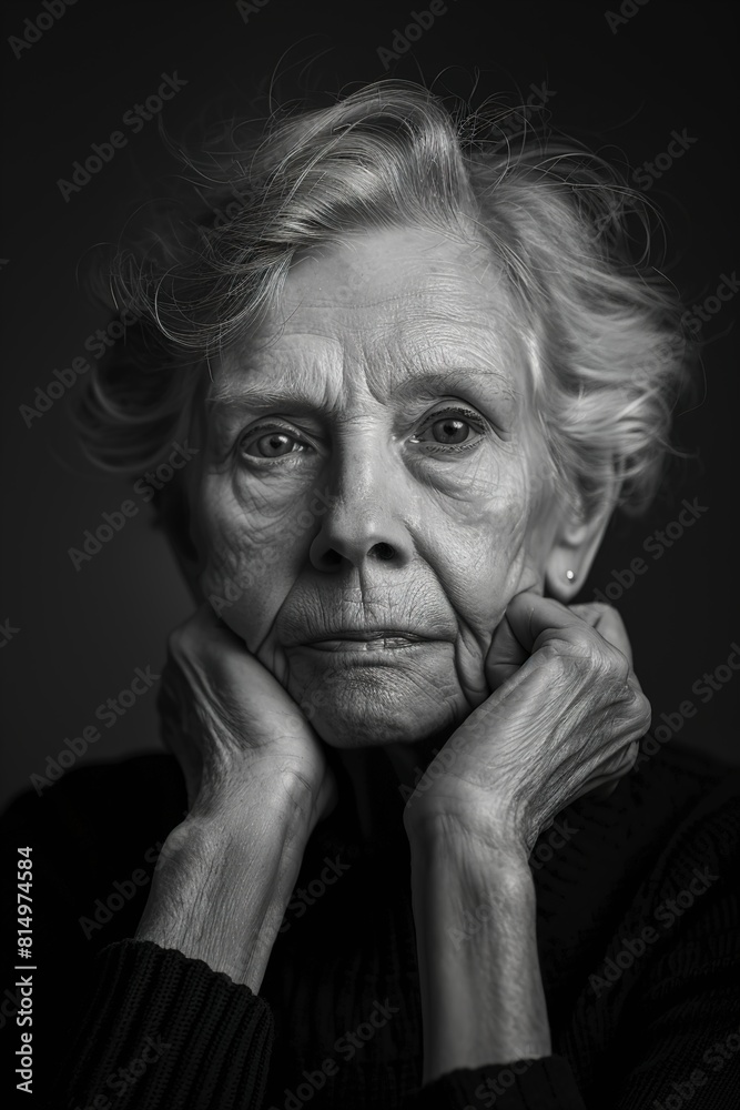 Black-and-white portrait of a calm senior woman looking Black-and-white portrait of a calm senior woman looking