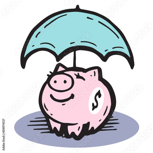 Rainy day savings pink piggy bank money blue umbrella money symbol icon drawing sketch