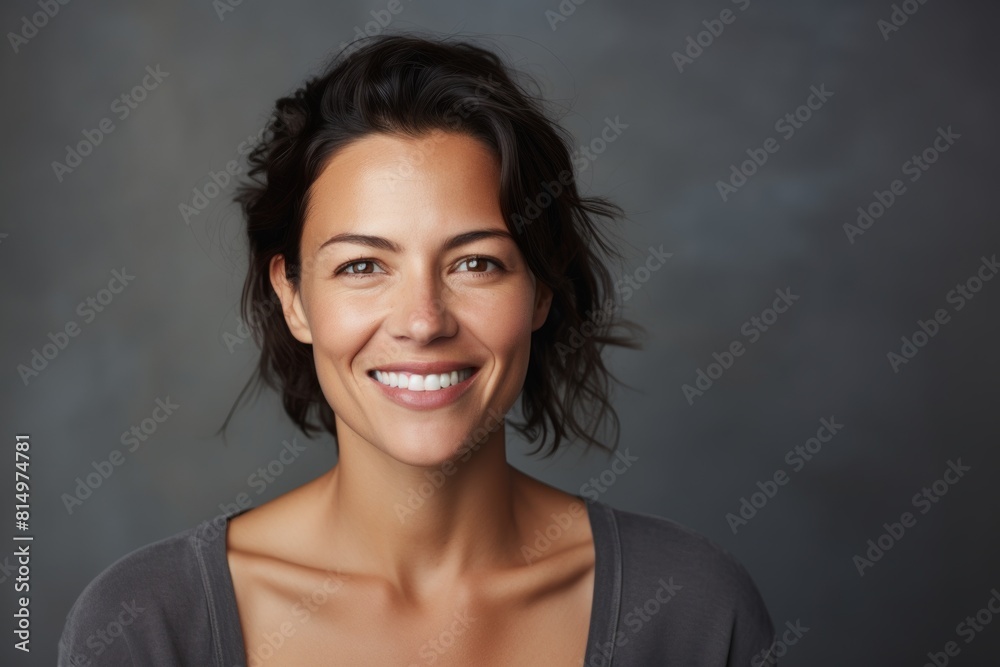 Portrait of a tender woman in her 30s smiling at the camera isolated in pastel gray background Portrait of a tender woman in her 30s smiling at the camera isolated in pastel gray background