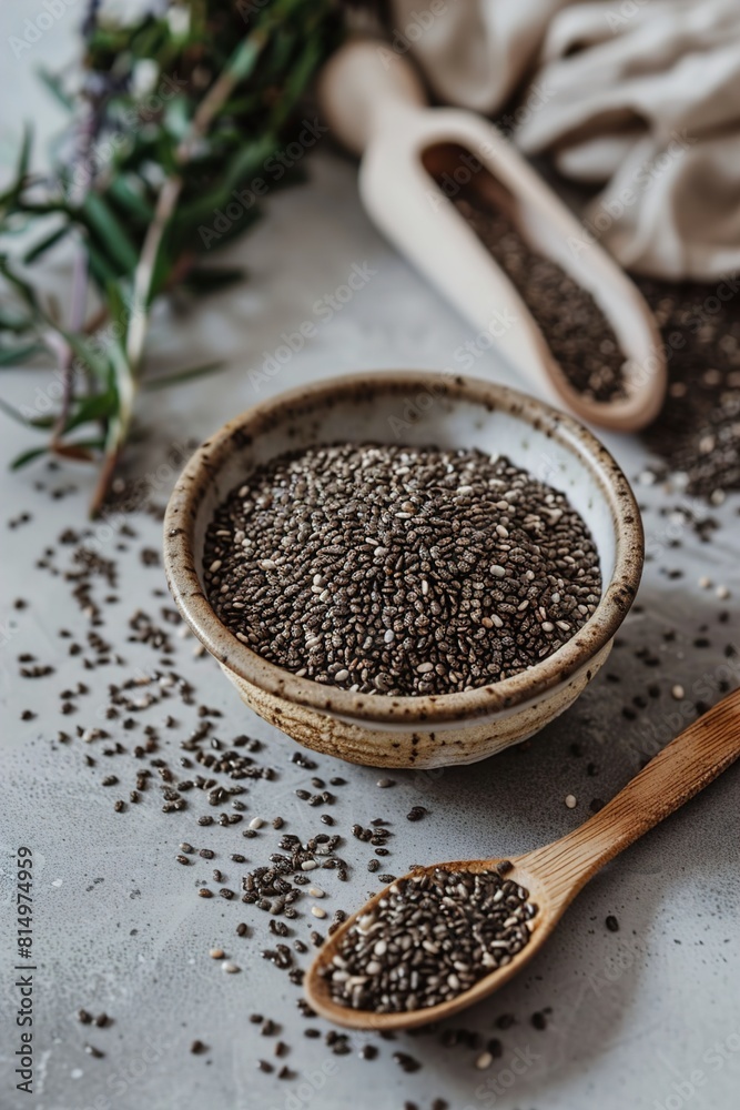Chia seeds in bowl and spoon on table Chia seeds in bowl and spoon on table