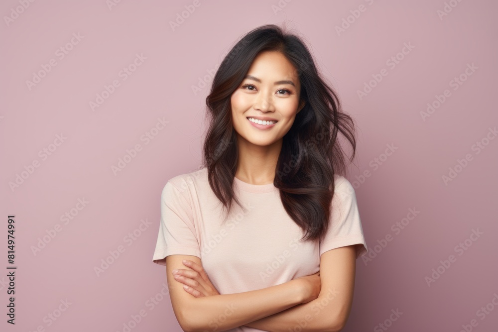 Portrait of a cheerful asian woman in her 30s with arms crossed in front of pastel gray background Portrait of a cheerful asian woman in her 30s with arms crossed in front of pastel gray background