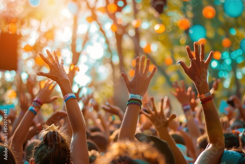 Cheering crowd with hands in air at music festival photo