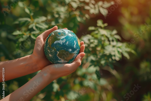 Hands Holding Earth Globe on Green Background - Environment Protection  Sustainability  Ecology  Climate Change  Earth Day Concept