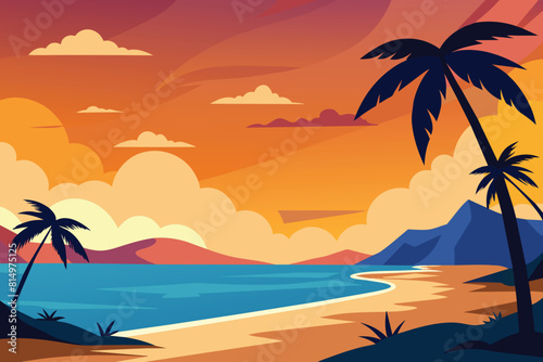 Amazing beach landscape. Beautiful sandy beach on the ocean with silhouette of palm trees at sunset or sunrise and stunning clouds. Paradise holiday