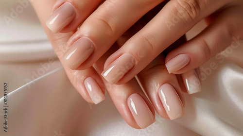 Womans Hands With Beige Nails on White Background