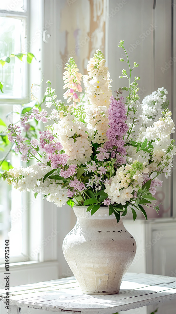 Purple, pink and white lilacs in a white vase Purple, pink and white lilacs in a white vase
