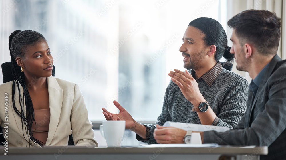 © peopleimages.com - Team, discussion and meeting in board room with project manager to pitch a proposal or idea. Group, collaboration and people chat in office with productivity or progress in sales with research report