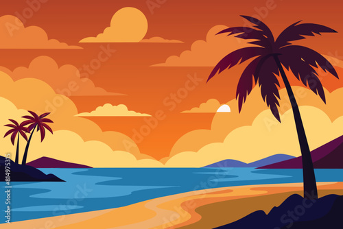 Amazing beach landscape. Beautiful sandy beach on the ocean with silhouette of palm trees at sunset or sunrise and stunning clouds. Paradise holiday