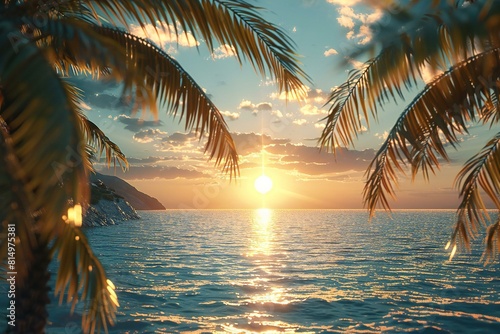 Beautiful sunset over the sea with palm trees,   render #814975381