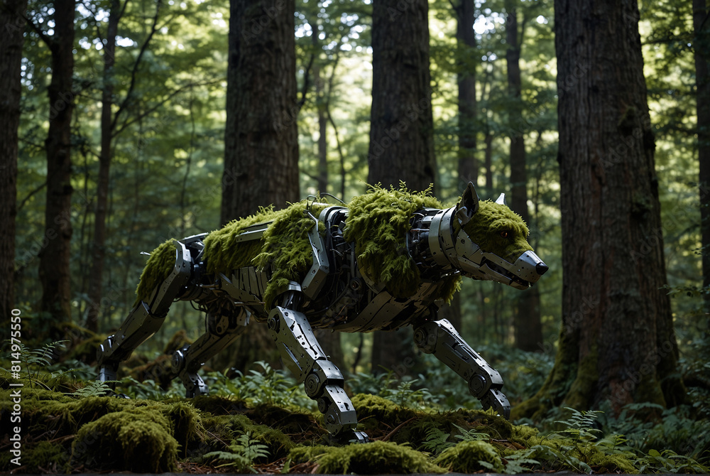 A mossy robot dog that was thrown away in the forest is now alive again
