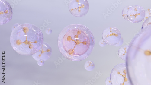 3D rendering Cosmetics Serum bubbles on defocus background. Collagen bubbles Design. Molecule inside a liquid bubble. Essence Ball Molecules. 