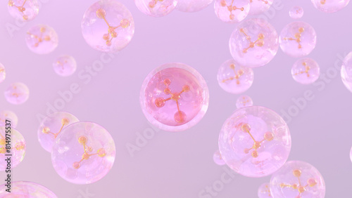 Cosmetics Serum bubbles on defocus background. Collagen bubbles Design. Molecule inside a liquid bubble. Essence Ball Molecules.
