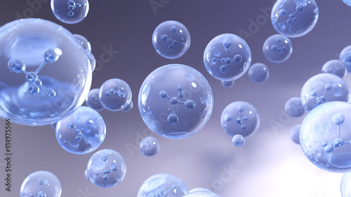 Molecule inside a liquid bubble. Essence Ball Molecules. Liquid bubbles with particles, cosmetic essence, and water background.