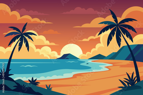 Amazing beach landscape. Beautiful sandy beach on the ocean with silhouette of palm trees at sunset or sunrise and stunning clouds. Paradise holiday