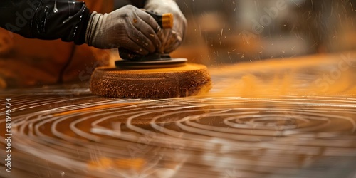 Closeup photo of artisan sanding wood with textured grain capturing precise moment. Concept Artistic Woodworking, Craftsman at Work, Creative Process, Closeup Details, Textured Grain