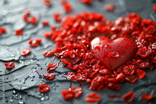 Wet heart surrounded by shattered red petals, ideal for emotional and romantic themes in digital art. World Blood Donor Day. photo