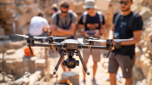 team of archeologists using drones to survey a vast archeological site