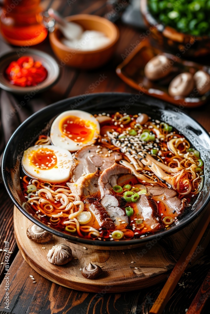Delicious ramen with meat and mushrooms in bowl on wood Delicious ramen with meat and mushrooms in bowl on wood