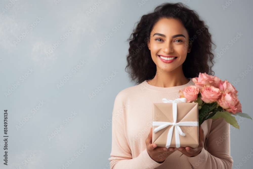 Portrait of a smiling woman in her 30s holding a gift in front of pastel gray background Portrait of a smiling woman in her 30s holding a gift in front of pastel gray background