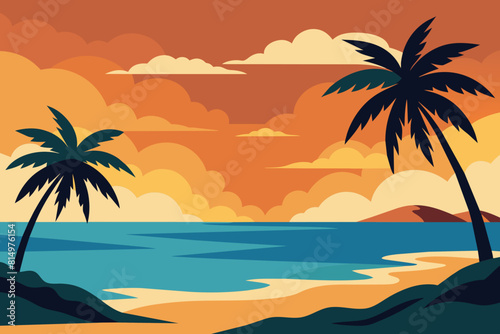 Amazing beach landscape. Beautiful sandy beach on the ocean with silhouette of palm trees at sunset or sunrise and stunning clouds. Paradise holiday