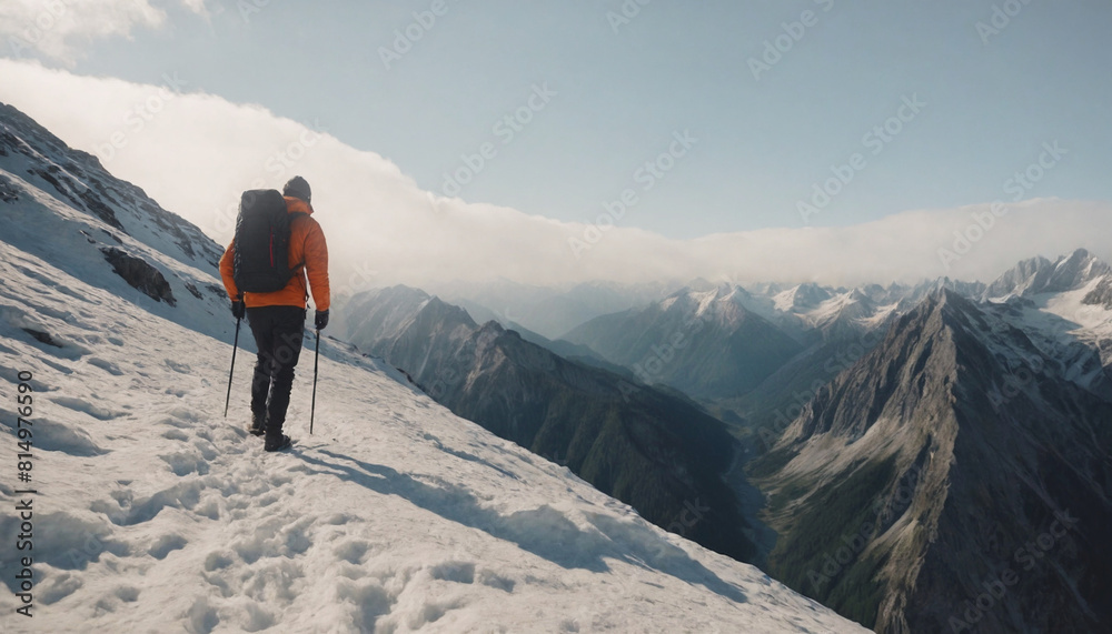 man with orange jacket and backpack walking towards the horizon trekking on top of a mountain with snow