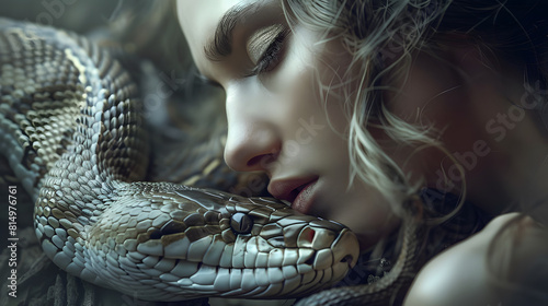 A close up of woman is laying on a bed with a snake on her face