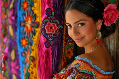 Radiant woman in traditional mexican attire poses with vibrant, embroidered fabrics