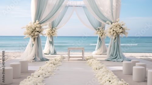 Lovely outdoor wedding setup with white accents and sea views scenic backdrop