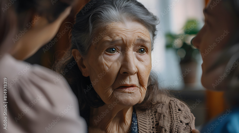 A woman with a sad expression on her face is surrounded by two other women, alzheimer's disease concept A woman with a sad expression on her face is surrounded by two other women, alzheimer's disease concept